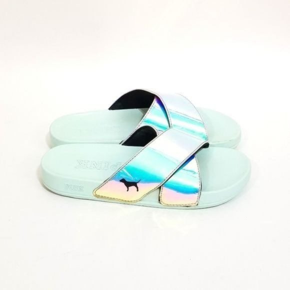 PINK Victorias Secret Iridescent Slides Criss Cross Sandals Size 7 M - Picture 3 of 9